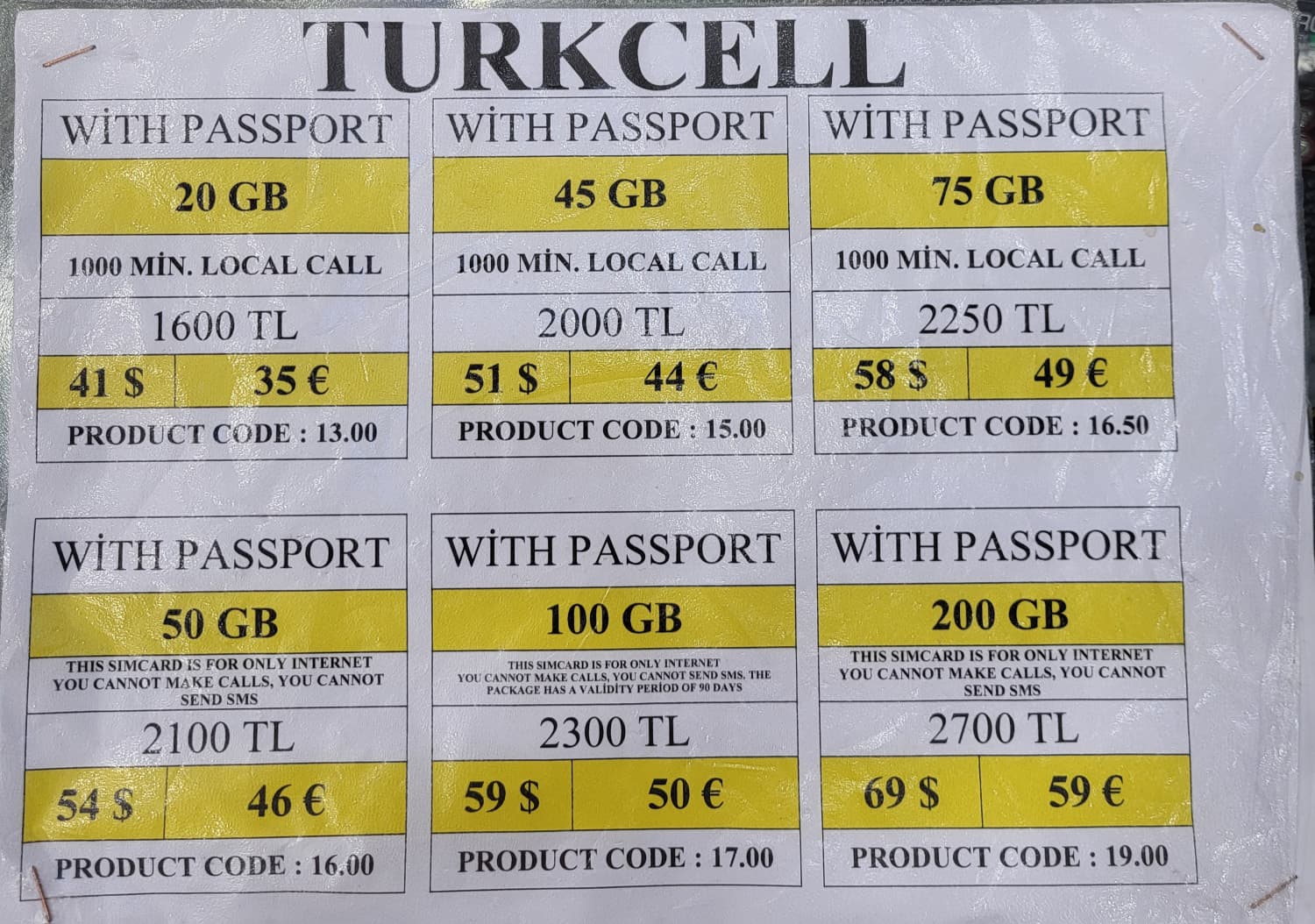 Ulotka z cenami Turkcell